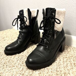 Marc Fisher Lace-Up Heeled Lansley Combat‎ 8.5 Work Boot Shearling Lining Black